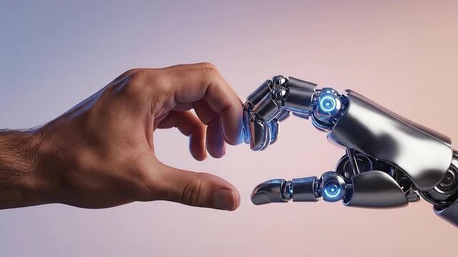 Close-up of a realistic human hand reaching toward a detailed, metallic robotic prosthetic limb symbolizing the future connection between man and machine technology.