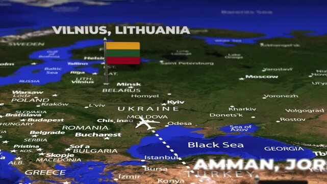 Flight From Amman JORDAN to Vilnius LITHUANIA with flag pins