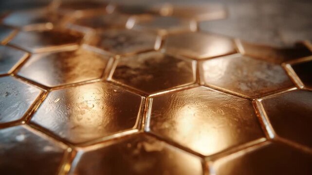 458Cinematic close-up of copper hexagon tiles, brushed textures and metallic reflections highlighted, shallow depth of field emphasizing geometric pattern