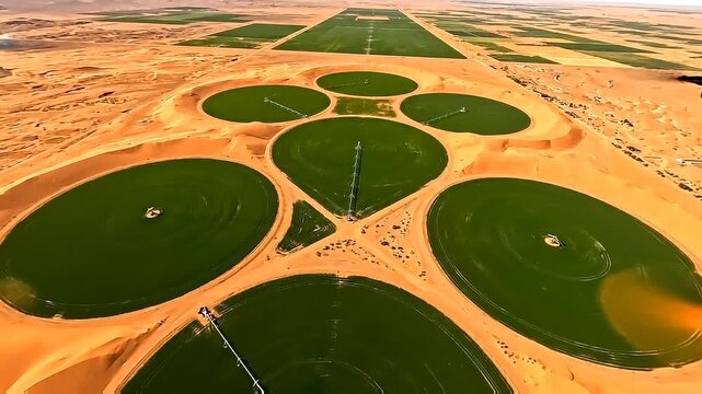 Aerial view of center pivot circular fields thriving in arid desert landscape.