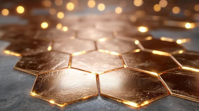 461Extreme close-up of copper hexagonal tiles, polished metallic texture with warm glow, subtle variations in tile surface, modern geometric design concept