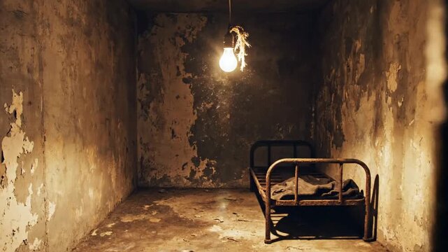 Grim prison cell with iron bars and single light bulb