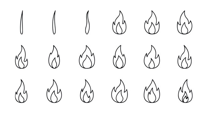 A collection of hand-drawn flame icons in various stages of burning, depicted in a simple line art style against a clean white background.