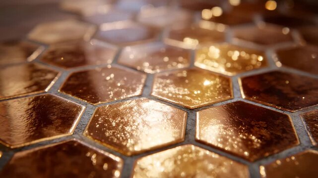 466Artistic top-angle close-up of copper hex tiles, light glinting across edges, shallow focus blurring background, industrial yet luxurious decorative aesthetic
