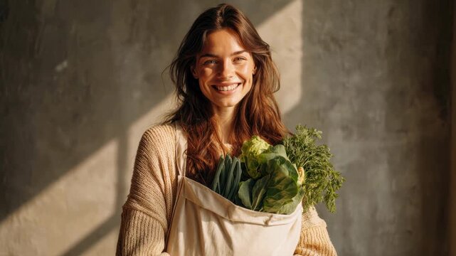 Woman with a grocery bag full of fresh vegetables for a healthy lifestyle. This organic wellness and sustainability concept shows a happy person holding greens in warm sunlight for nutrition.