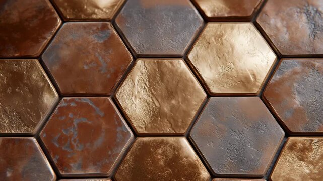 467Detailed top-down view of copper hex tiles, honeycomb pattern emphasized, metallic surfaces reflecting soft natural light, texture and color variations creating visual interest