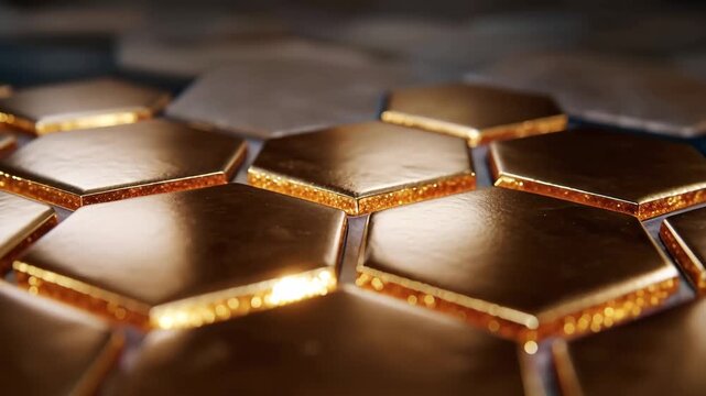 471Perspective shot of copper hex tiles, shallow depth of field, glowing metallic reflections on edges, emphasizing craftsmanship and pattern uniformity