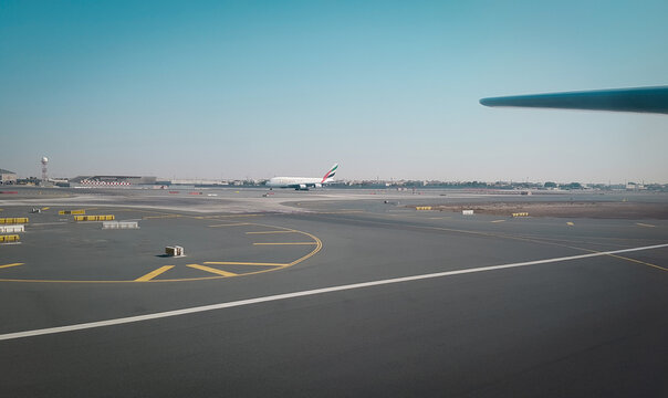 Dubai, United Arab Emirates - January 20, 2018 -An Emirates Airbus A380 taxiing at Dubai International Airport (DXB) for a flight