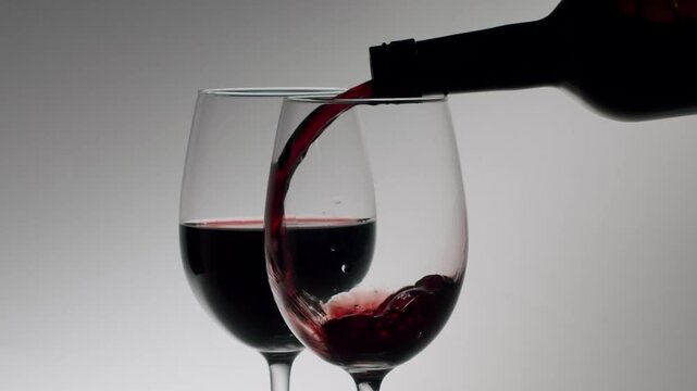 Sommelier pouring elegant red wine from a bottle into a crystal glass in slow motion. Wine tasting event at a restaurant or winery with luxury alcoholic beverage for romantic dinner