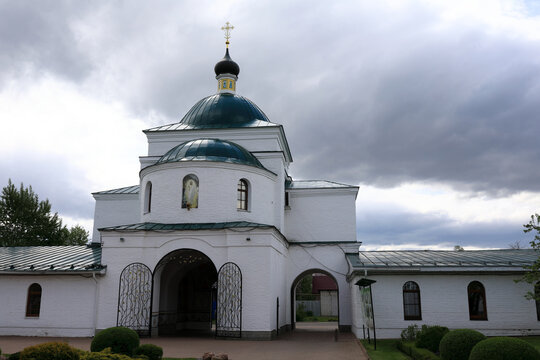 Russian orthodox church building with icon painting over archway
