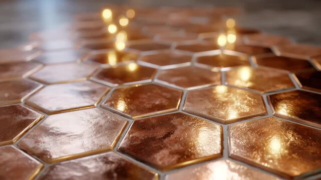 469Artistic top-angle close-up of copper hex tiles, light glinting across edges, shallow focus blurring background, industrial yet luxurious decorative aesthetic