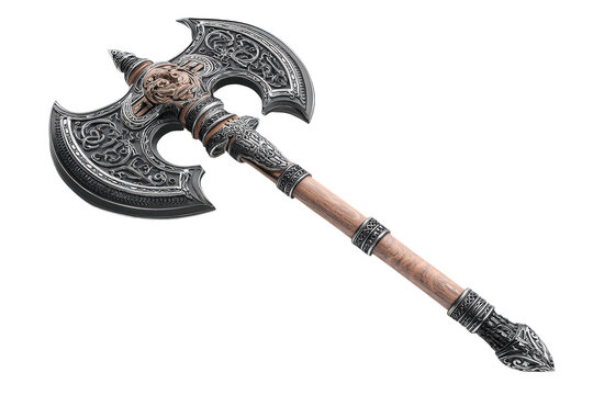 Ornate medieval battle axe with intricate carvings isolated on transparent background. Ornate battle axe with lion head decoration isolated on white background.