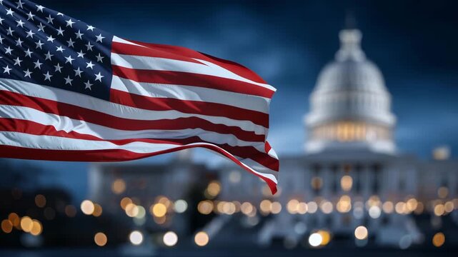 Artistic composition of Capitol building with American flag overlay, soft cinematic lighting, architectural details in focus, symbolizing government, democracy, and civic tradition