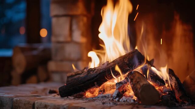 Artistic focus on charred logs and bright flames, orange-yellow firelight casting warm glow, rustic ambiance for winter relaxation or natural heating