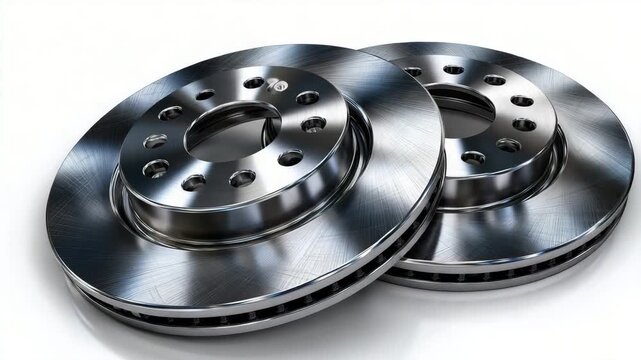 Brake discs and brake pads arranged symmetrically, machined metal surfaces and friction material visible, isolated on white background, auto service and safety concept