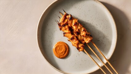 Fototapeta premium ​Top View of Chicken Satay Skewers with Peanut Sauce on Minimalist Ceramic Plate