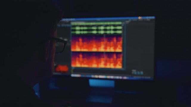 Man with glasses using audio editing software at computer