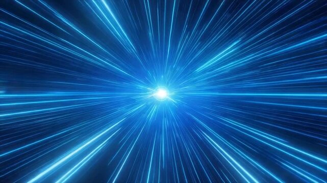 Abstract blue light effect, central bright flare, radiating lines, dynamic motion