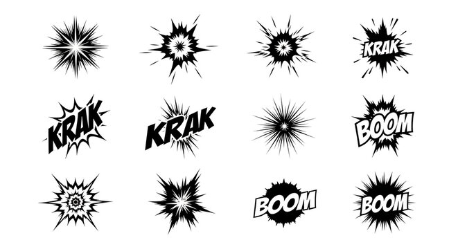 comic book explosion and sound effects featuring krak and boom for dynamic pop art graphic novels and video games.