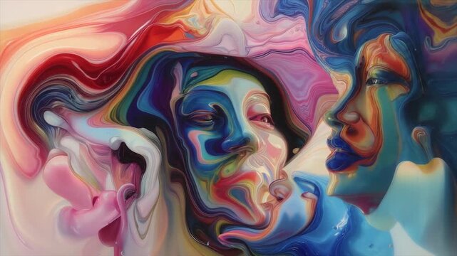 Two stylized faces meld, created with swirling, vibrant colors in a liquid-like style