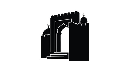 Islamic mosque entrance with domes and minarets in minimalist black silhouette design © Md