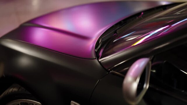 Modern sports car with a matte chameleon paint finish changing colors from purple to blue, showing the beautiful reflections on its sleek, aerodynamic body parked in a showroom