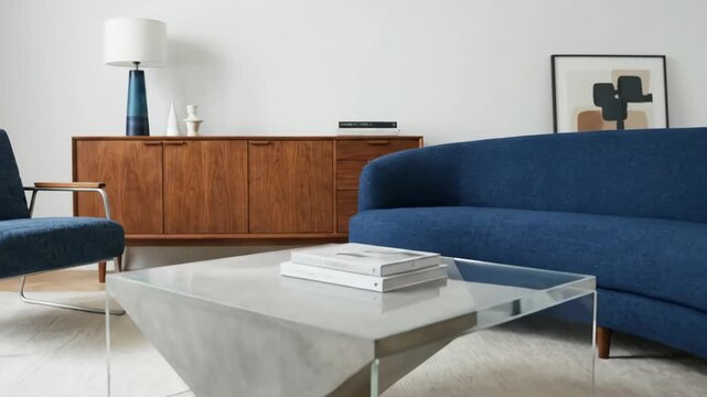 Living room interior featuring a blue curved sofa, accent chairs, a wooden credenza, contemporary coffee table, and a brass sputnik chandelier in a stylish, minimalist setting
