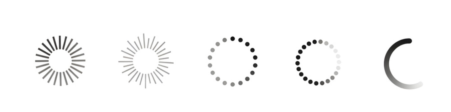 Circular loading spinner and progress indicator icon set, minimal buffering and processing animation elements for UI and UX design