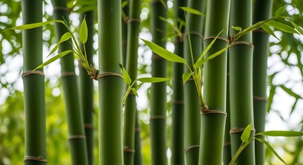 Obraz premium Closeup of green bamboo stalks and leaves