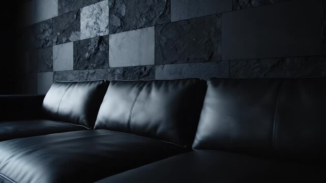 A dark, luxurious sofa sits before a textured, dark stone wall
