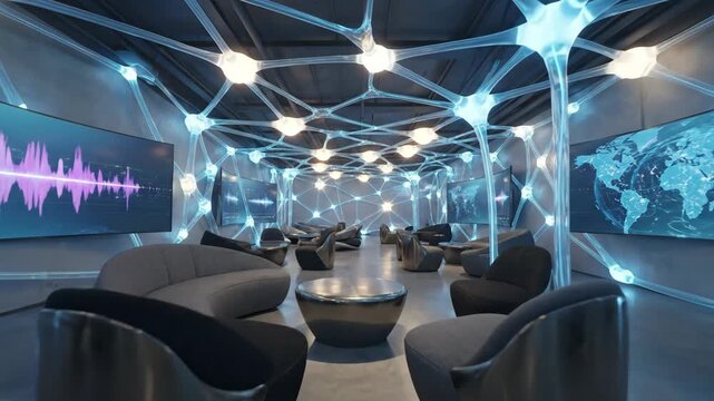 Modern futuristic lounge with illuminated network design, featuring multiple screens displaying data visualizations and sound waves, arranged with sleek seating in a spacious environment