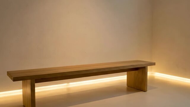 Minimalist interior featuring a wooden bench illuminated by soft lighting, showcasing a serene atmosphere with a window and smooth wall textures in a modern space