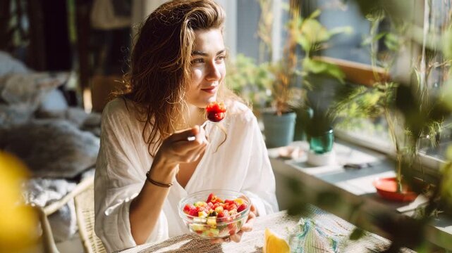 Woman eating fruit salad for a healthy lifestyle. This organic nutrition and wellness morning breakfast scene shows a person enjoying fresh fruit for balanced dieting and vitality.