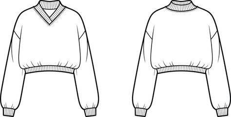 Technical flat sketch of a women's oversized cropped sweater featuring a V-neck ribbed collar, drop shoulders, long sleeves, and elasticated hemline CAD illustration. © Khairun