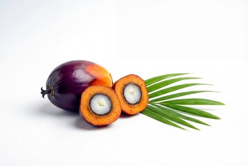 Naklejka premium Oil palm fruits with cut cross section revealing orange flesh and white kernel on white background