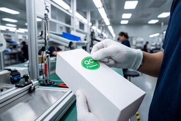 Fototapeta premium Worker hands in gloves applying QC passed sticker to product box in factory