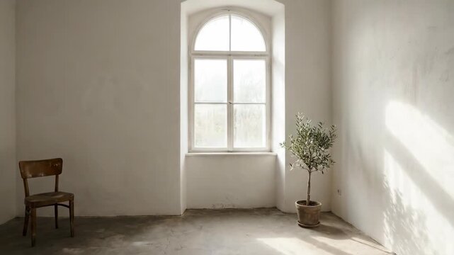 Empty room with wooden chair and potted olive tree beside window, sunlight streaming through glass, creating soft shadows on the concrete floor