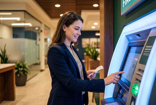 Woman using an ATM machine in a bank branch and holding a transaction receipt