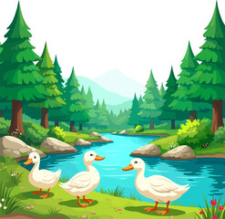 Peaceful forest river with ducks illustration, green woodland stream, cute waterfowl swimming, cartoon nature scene for children books, games and educational design
