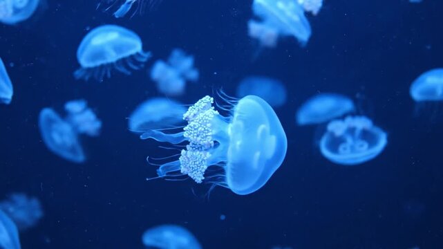 Close-up of bioluminescent jellyfish gracefully swimming in deep blue ocean water, mesmerizing underwater scene