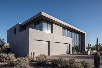 Fototapeta premium Modern concrete house with large windows and a cactus in a desert landscape