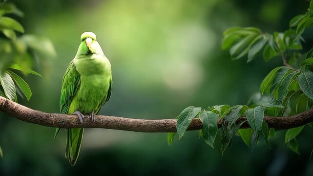 Green exotic Parrot sitting on branch in jungle. Yellow Crowned Amazon parrot (Amazona ochrocephala)