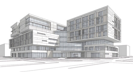 Modern Architectural Design of Office Building, Contemporary Facade, 3D Rendering