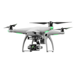 a cutting-edge matte white quadcopter surveillance drone with spinning rotors and visible camera gimbal, isolated on a bright white cyclorama background, concept for modern aerial technology