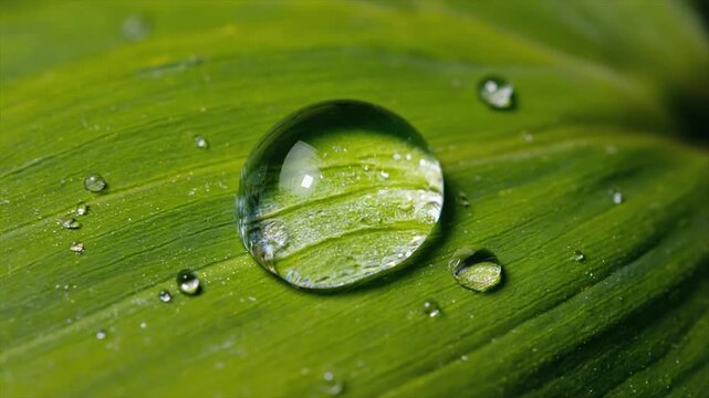 Close-up of a green leaf with large water droplets, reflecting the leaf's texture