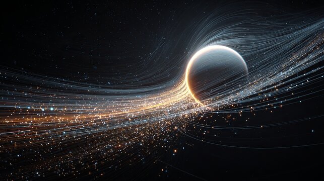 A stunning visual representation of a planet in space with vibrant streaks of light and stars