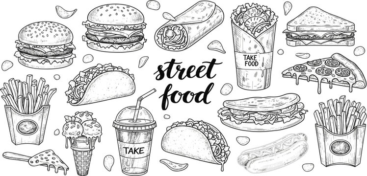 Hand Drawn Street Food Illustration Set with Burgers, Pizza, Tacos, Sandwiches, Fries, Hot Dogs, Drinks, and Fast Food Snacks for Menu and Restaurant Design