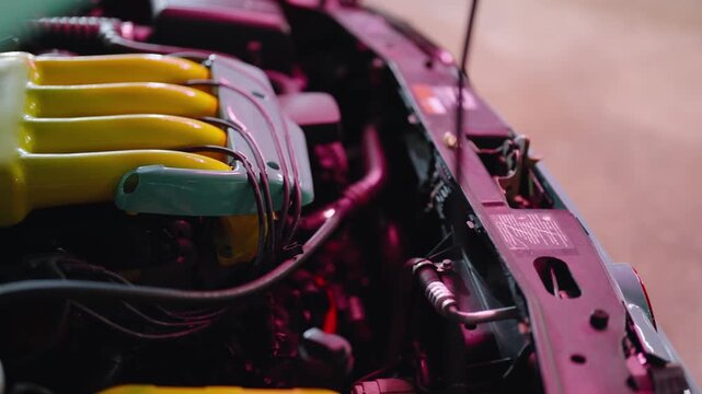 Detailed view of a powerful car engine running under the open hood, illuminated by a vibrant purple light. Automotive technology and performance concept in a professional auto service garage