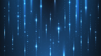 Abstract blue digital rain background with glowing particles and vertical light streaks, high tech data flow in a futuristic cyberspace environment for network concepts