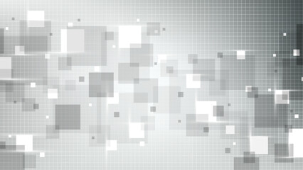 abstract technology background with gray and white overlapping squares and digital grid pattern featuring clean geometric shapes and glowing light effects